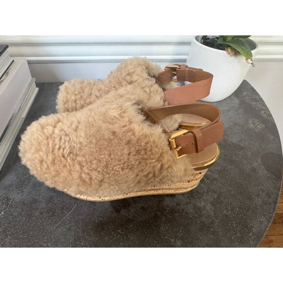 Chloé camille leather-trimmed shearling platform slingback sandals 37 - Picture 1 of 6